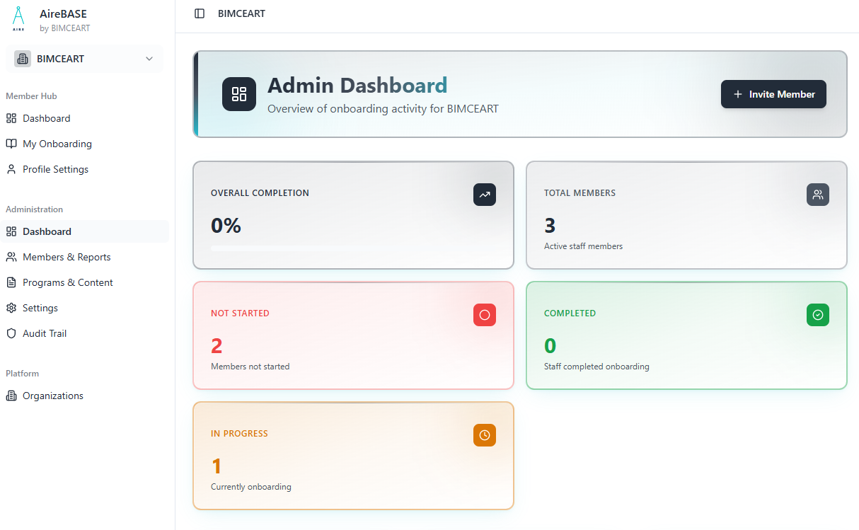AireBASE interface — Staff onboarding